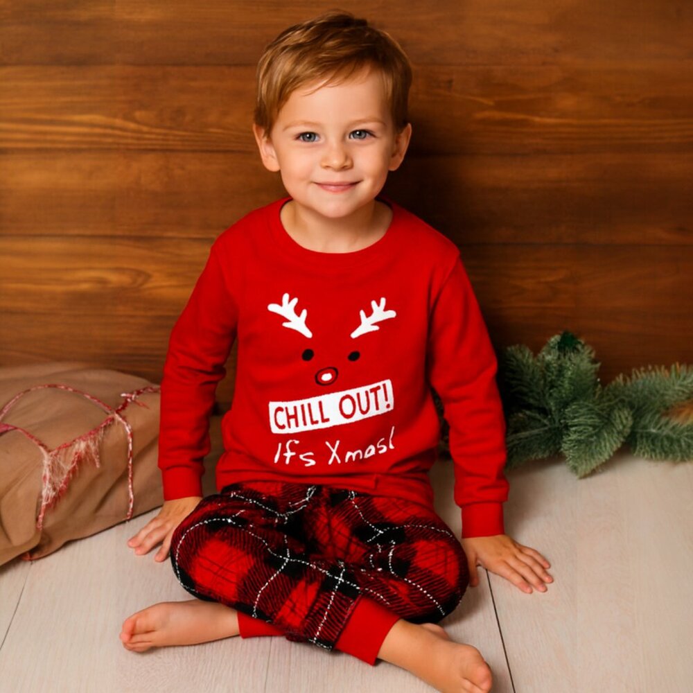 Kids Chill Out Christmas Pajama Set – Red Reindeer Top & Plaid Pants – Cozy Holi